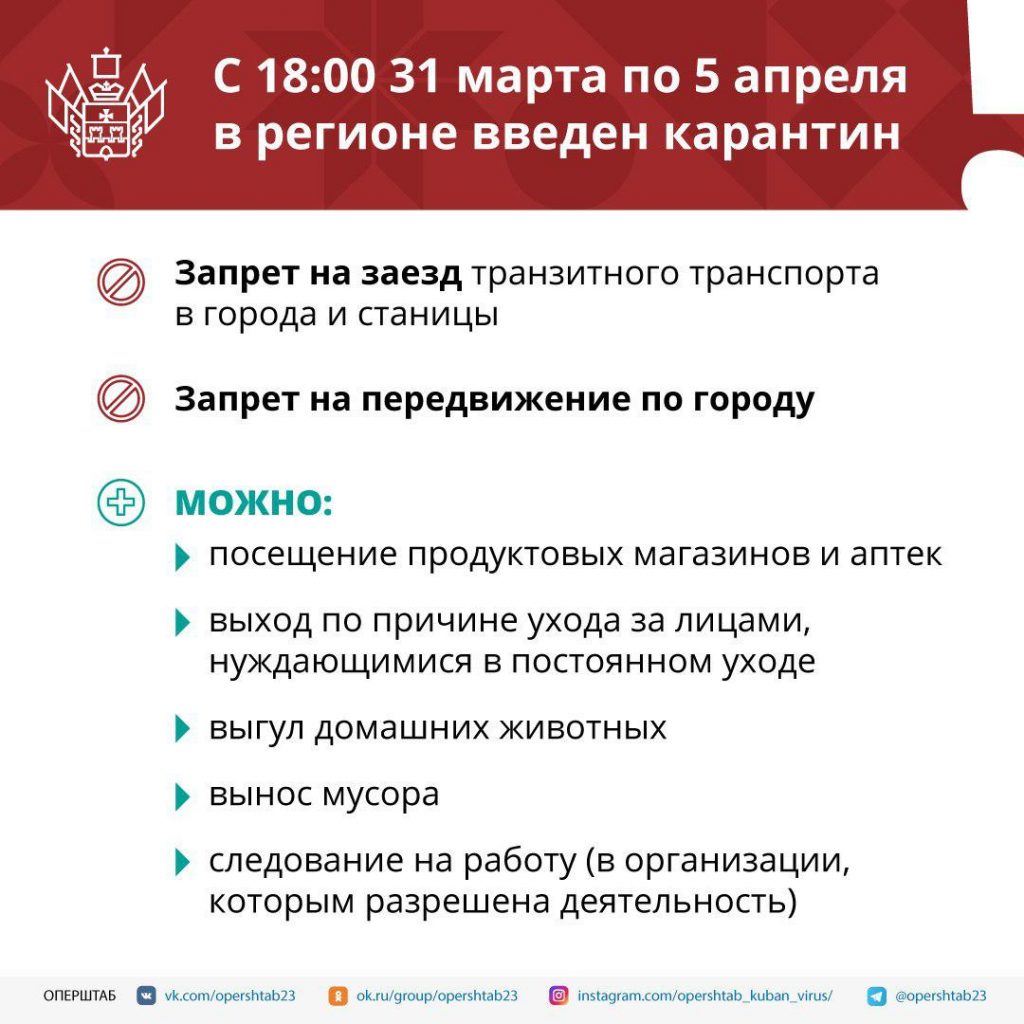 С 31 марта по 5 апреля в регионе введен карантин — Администрация сельского  поселения станица Кубанская Степь Каневского района. Официальный сайт.